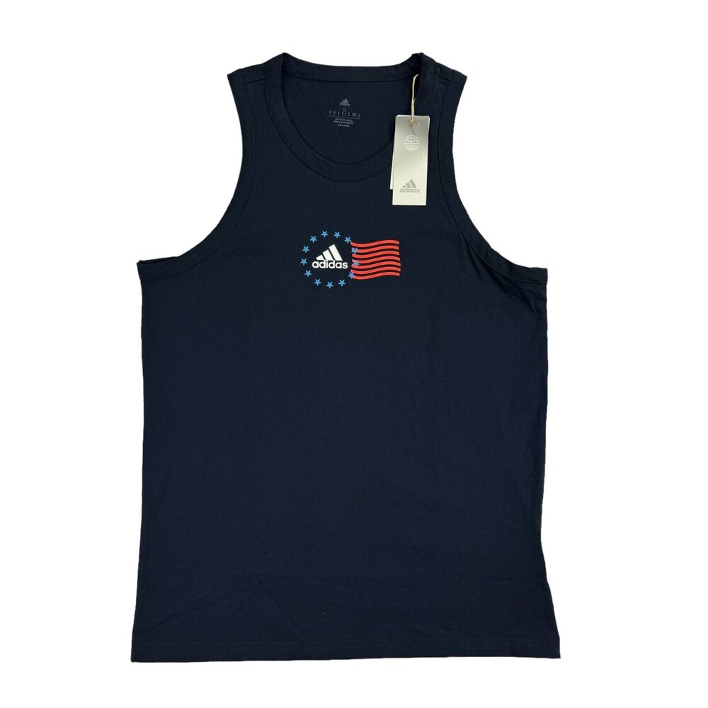 Adidas Mens American Flag Logo Graphic Tank Top Navy Blue S